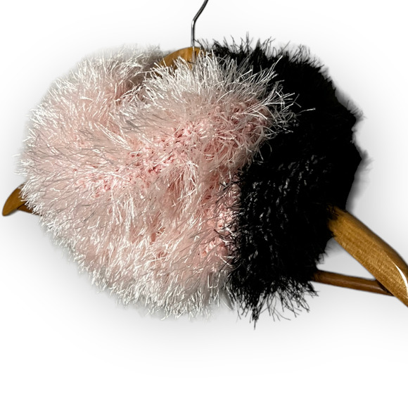 Handmade Women's Hand Knit Pink & Black Fuzzy Faux Fur Yarn Cowl, Neck Warmer - Picture 5 of 11
